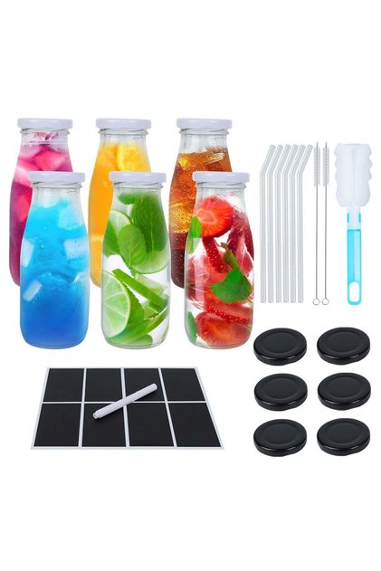 6Pack 12oz Glass Milk Bottles with Airtight Lids – Reusable Bottles for Juices, Smoothies, Water, and Cold Beverages – Includes Glass Straws, Labels & Cleaning Brushes