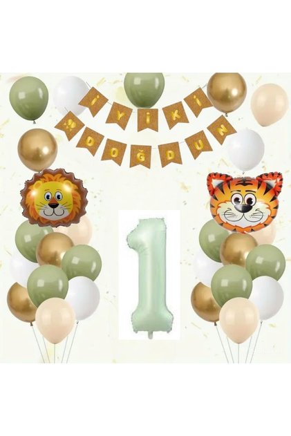 SAFARİ TEMALI ASLAN KAPLAN KAFA FOLYO BALONLU YAŞ BALON SET