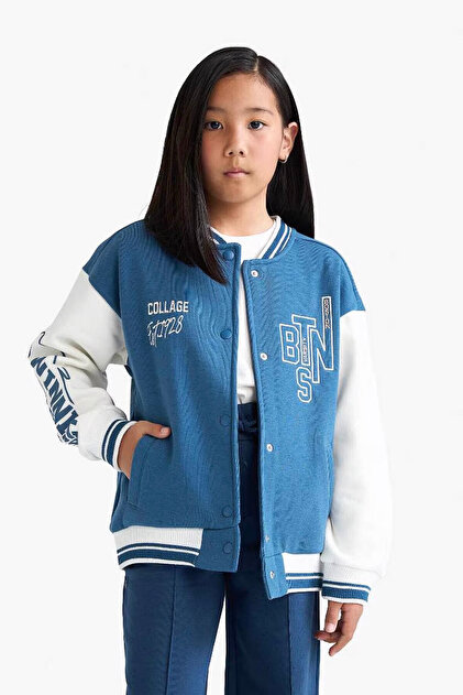 Defacto Kolej Yaka Baskılı Bomber Koyu Mavi Kız Çocuk Hırka