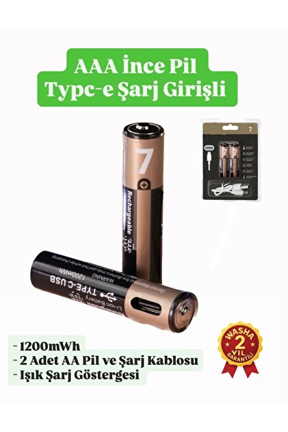 İnce Pil AAA Pil USB Type-C Kablo ile Şarj Edilebilir Lityum 2'li İnce Pil 1.5V AAA / 1200mWh