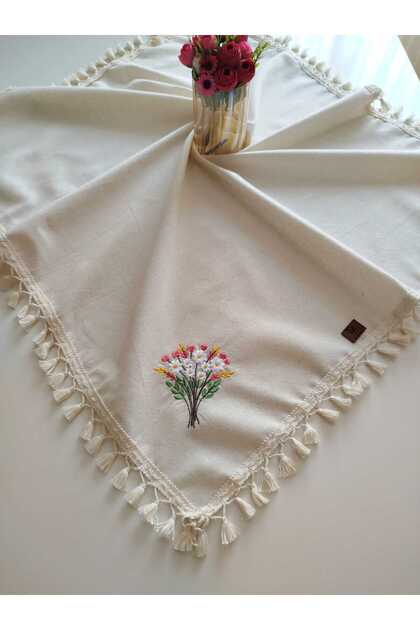 Soft Organic Authentic Double Sided Embroidery Embroidered 95X95 cm Fringed Linen Tablecloth