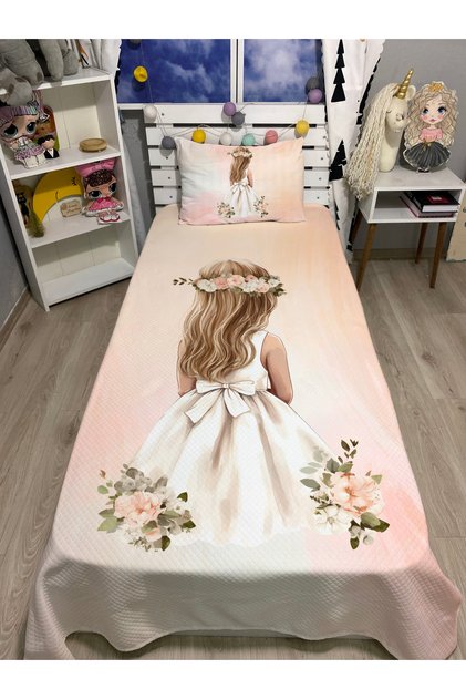 Princess Patterned Baby Kids Single Pique and Pillowcase Bedspread Set
