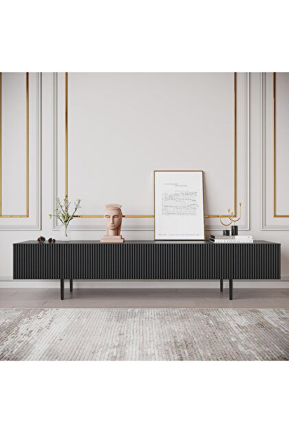 Elegance White TV Ünitesi 200cm SİYAH Şık ve Fonksiyonel Modern Çizgi Kapaklı MDF