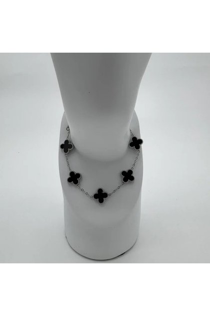 Steel Silver Black Clover Detail Trend Bracelet - Silver