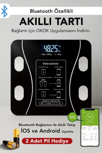 Dijital Bluetooth Baskül - Yağ Su Kas Vücut Kitle Endeksi Kilo Ölçer Tartı Vücut Analiz Cihazı Siyah