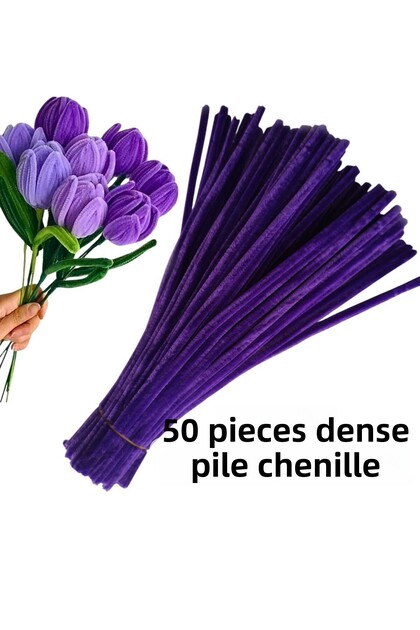 50 Pieces of Deep Purple Chenille, Feathered Wire Suitable for Flower Making, 30 cm 6mm