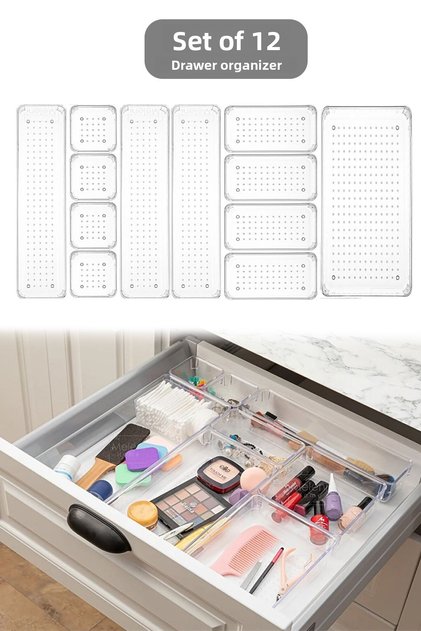 12 Pieces Transparent Design Modular Storage Container - Drawer Organizer, Bathroom Makeup Jewelry Organizer