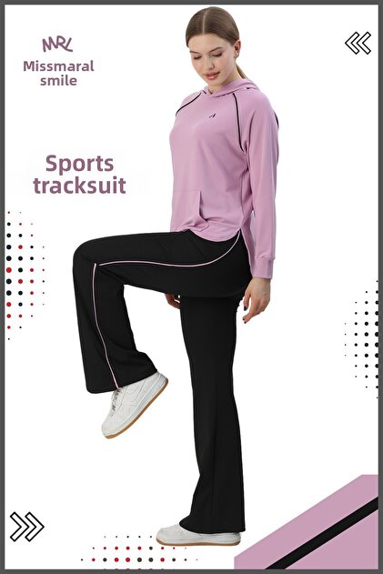 Women's Sports Tracksuit Set Flared Double Pocket Bottom &K Hooded Kangaroo Pocket Top Lilac Color 3053