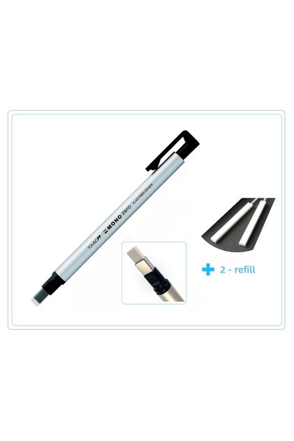 Mono Zero Flat Tip 2.5 Silver Pencil Eraser and 2 Replacement Set