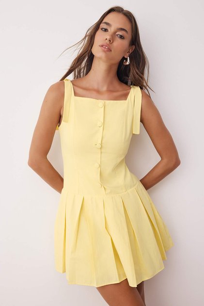 Rochie din material țesut, plisată, cu detalii cu nasturi, galben deschis, TWOSS25EL00885