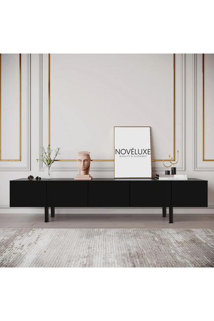 Pure Black 200 CM Siyah TV Ünitesi / Sehpası - MDF, Duvara Monte ve Ayaklı, Düz 5 Kapaklı, Dolaplı