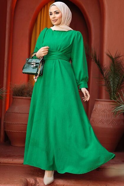 Self Belted Balloon Sleeve Green Crinkle Wrap Fabric Hijab Dress 3034