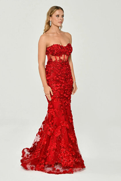 ALFABETA Strapless Sweetheart Neck Size Transparent Flower Detailed Long Stylish  Evening Dress- Trendyol