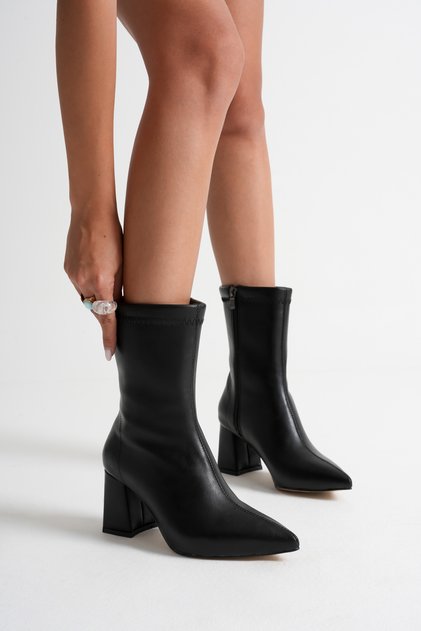 Women's Black Leather Pointed Toe Mid-Heel Boots Non-Slip Tapan