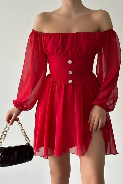 Red Lined Chiffon Fabric Strapless Neck Button Design Long Sleeve Mini Flared Dress 089