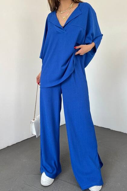 Women's Seersucker Bat Sleeve V-Neck Blouse And Trousers Oversize Cobalt Blue Double Suit 9581