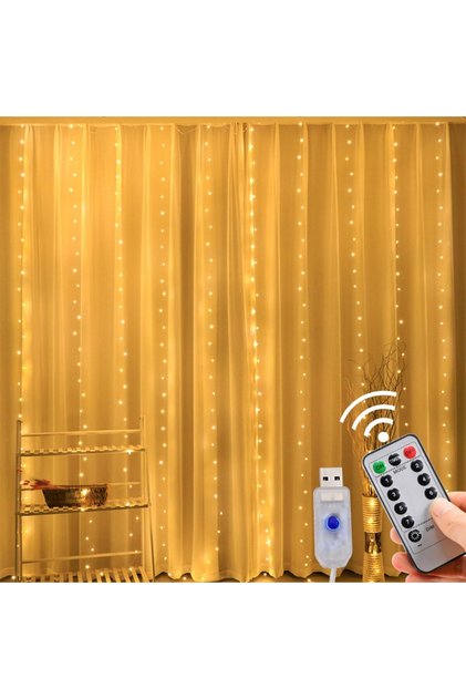Kumandalı Animasyonlu Süsleme Ledi Usb Peri Led 3m X 3m 300 Adet Led Işıklandırma Sarı Led Işık