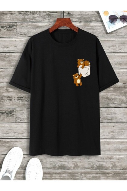 Teddy Bear Pocket Printed Crew Neck Cotton Unisex Teen and Children T-Shirt