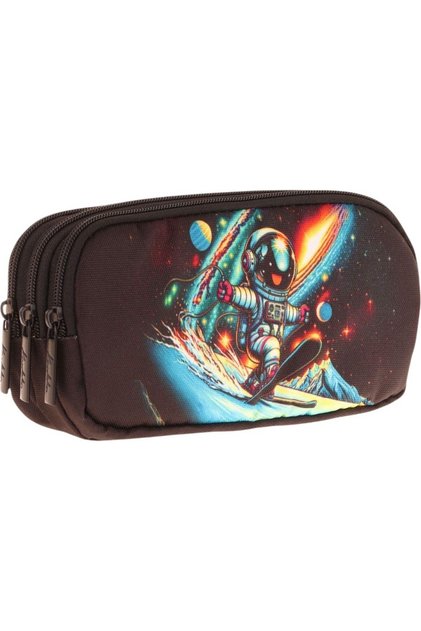 Kids Black, Skiing Astronaut, Boy's Three Compartment Pen Holder/Pencil Bag - L8272