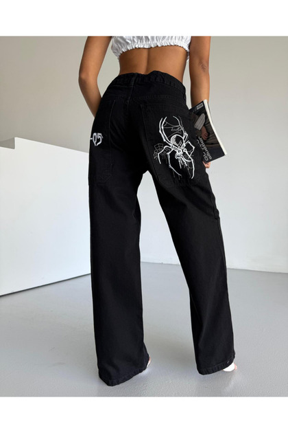 Touz Moda Siyah Nakışlı Retro Gothpunk Rock Bol Paça Pantolon