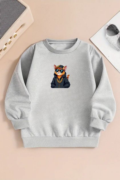 Unisex Hip Hop Cat Printed Gray Crew Neck Sweatshirt-Winter Hooded Fabric