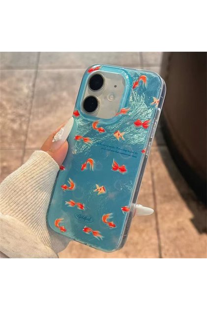 Aurora Blue Color Orange Fish Design Protective Serrated Sides Case for iPhone 12 & 12Pro
