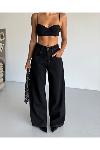 Touz Moda Siyah Nakışlı Retro Gothpunk Rock Bol Paça Pantolon