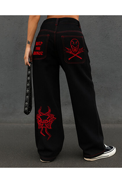 パンツ bpn goth style pants Touz Moda Siyah Nakışlı Retro Gothpunk Rock Bol Paça Pantolon