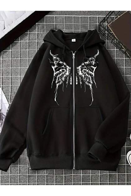 Touz Moda Gothic Butterfly Baskılı Oversize Fermuarlı Siyah Unisex