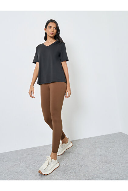 Women Brown Leggings with Elastic Waist