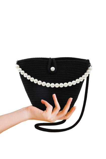 Black Shk245 Pearl Straw Fabric Single Compartment, Hanging Hand, Arm and Shoulder Bag