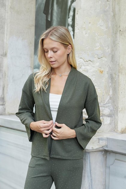 Women's Silky Textured Stretch Fabric Stone Printed Cardigan-Khaki