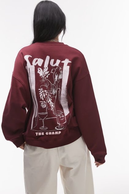 Unisex Oversize Sweatshirt Salut Arka Baskılı Bordo – Bisiklet Yaka, 3 İplik Şardonlu