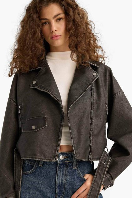 Oversize Wide Fit Taffeta Anthracite Women's Leather Jacket E8531Ax/Ar228