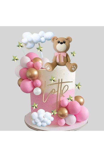 Decoratiune Tort Aniversare Ursulet Roz Gold Alb TOP18