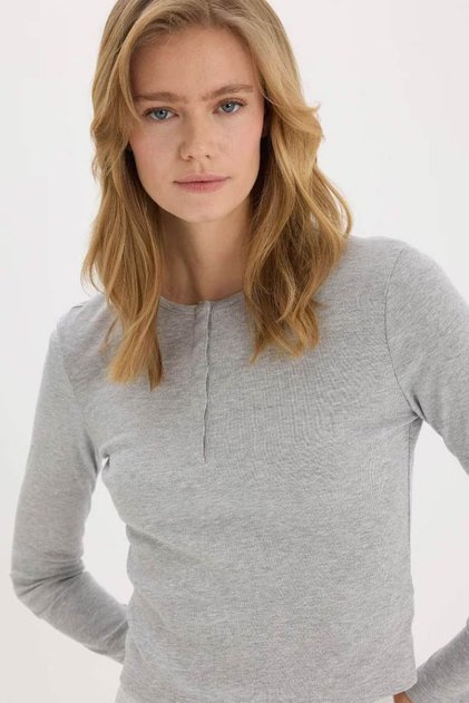 Coool Fitted Button Collar Rib Gray Women's Long Sleeve T-Shirt E7680Ax/Gr210