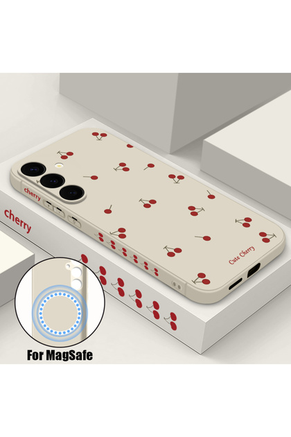 For Samsung Galaxy S24 A730 Beige White Little Cherry Soft Magnetic Case For S24 FE S25 S24 S23 S2