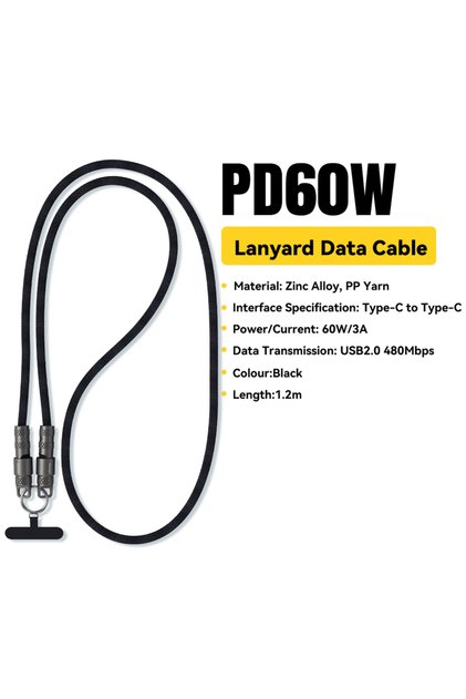 1.2M Black 2 in 1 60W USB-C to Type-C Lanyard Data Cable 3A PD Fast Charging For iPh