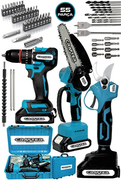 CRAFTERTOOLS Profesyonel 55 Parça 3'Lü Set Şarjlı Matkap & Dal