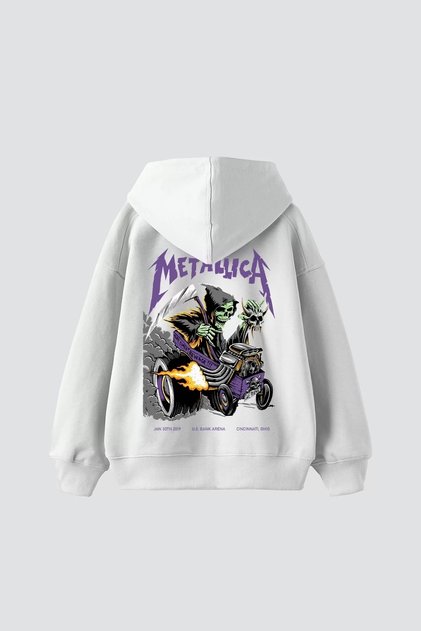 Metallica Mor Sırt Baskılı Beyaz Oversize Kapüşonlu