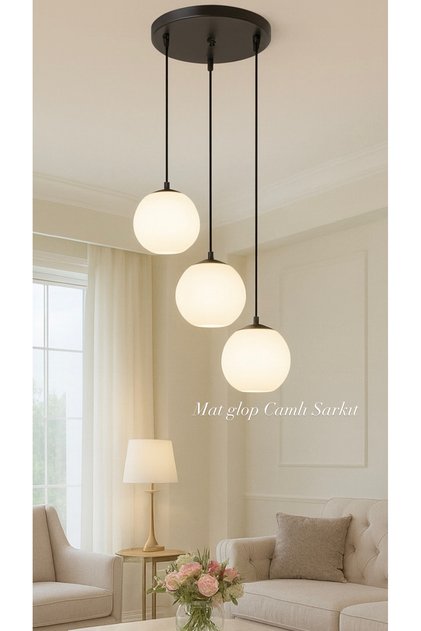 Modern Camlı Avize Beyaz Mat Glop Camlı Salon Avizesi 3 lü Sarkıt Avize