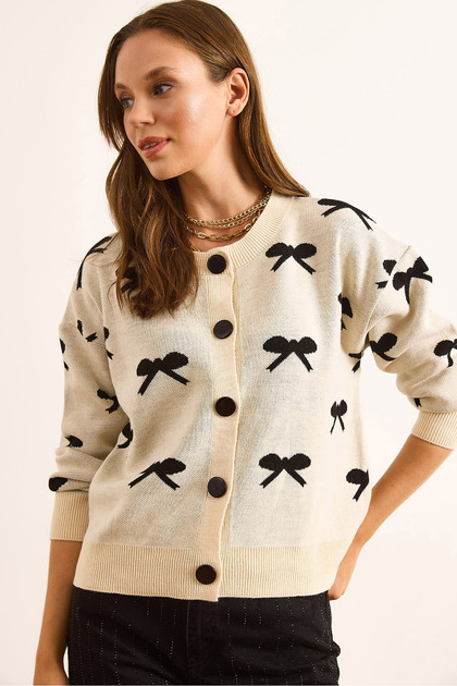 Women's Ecru Crew Neck Bow Detailed Buttoned Cardigan Hrk-19000363