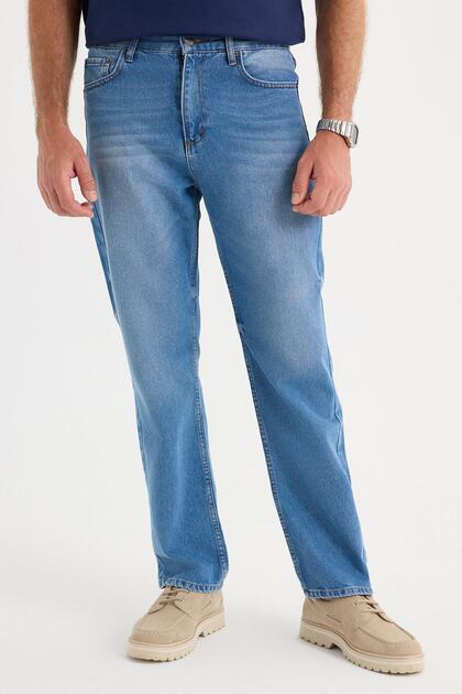 Men's Regular Fit 100% Cotton Baggy Blue Jean Denim Trousers with Side Pockets