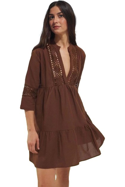 Women's Mini Beach Dress V Neck Lace Detail Cotton Summer Casual Modern Design