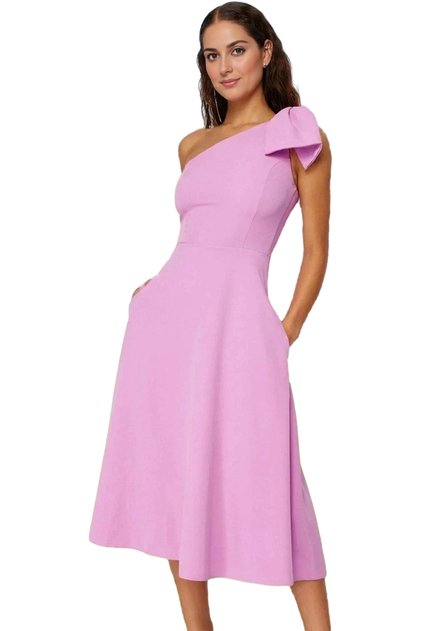 Women's Asymmetrical Collar One Sleeve Midi Evening Dress with Bow A-Line Woven Summer Essential