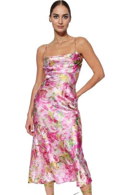 Women's Floral Pattern Midi Evening Dress Satin Fabric Summer Graduation Dress Durable Material