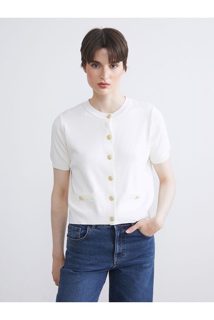 Ecru Crew Neck Women's Knitwear Cardigan