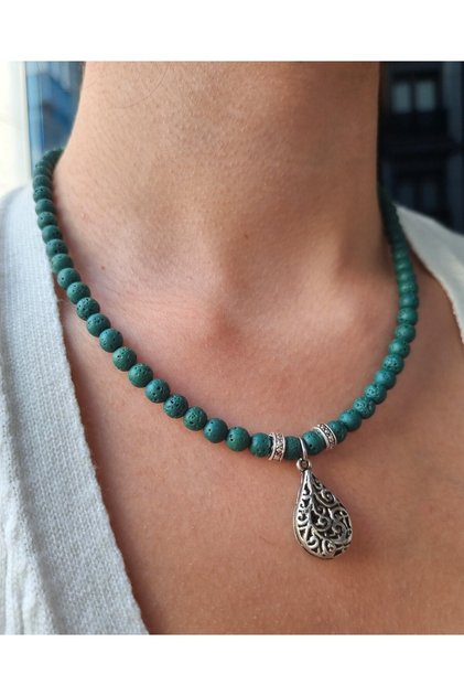 Green Lava Stone & Antique Drop Tip Natural Stone Necklace