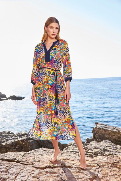 Women's Floral Patterned Slit Three Quarter Sleeve V Neck Dress 25055