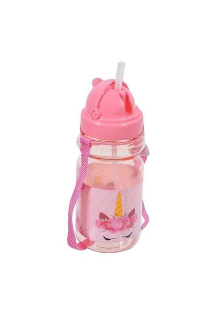 Sticla de apa copii, Cu pai si snur, 350 ml, Unicorn, Roz, Pop Up, Pentru Scoala si Gradinita